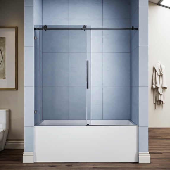Sunny Shower Black Finish 60" W x 62" H Frameless Sliding Tub Door with 3/8" Clear Glass