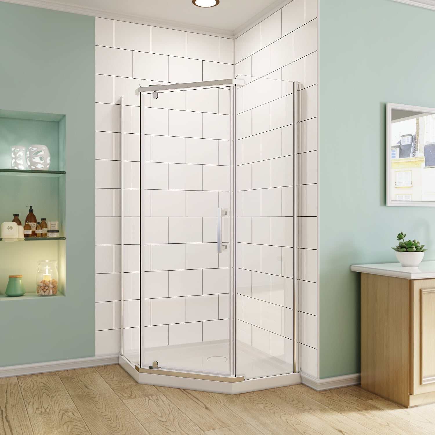 Sunny Shower Neo-angle Sliding Shower Enclosure 36 1/2" W x 36 1/2" D x 72" H Frameless Corner Shower Door Not Include Shower Base
