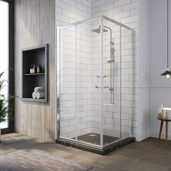 Sunny Shower Chrome Finish Corner Entry Enclosure with Sliding Shower Doors Shower Base not Included