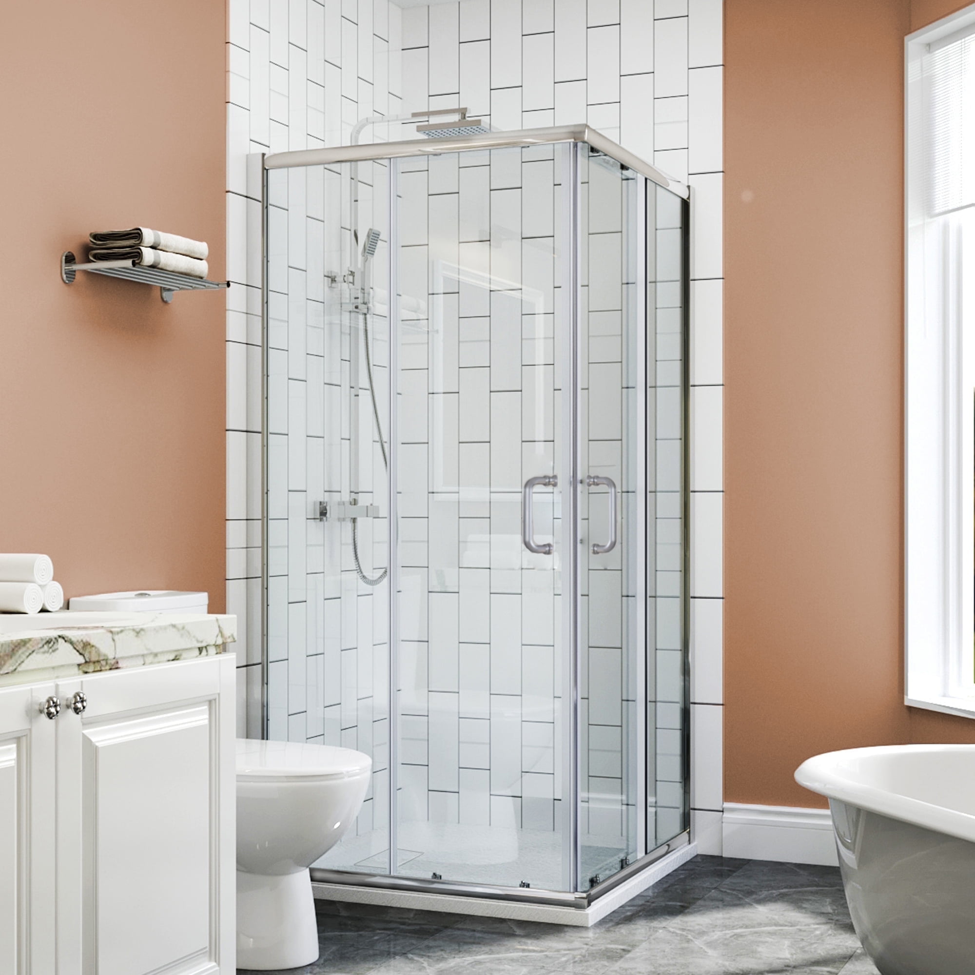 Sunny Shower Corner Entry Sliding Shower Door 36 in.D x 36 in. W x 72 in. H Brushed Nickel Finish Shower Enclosure