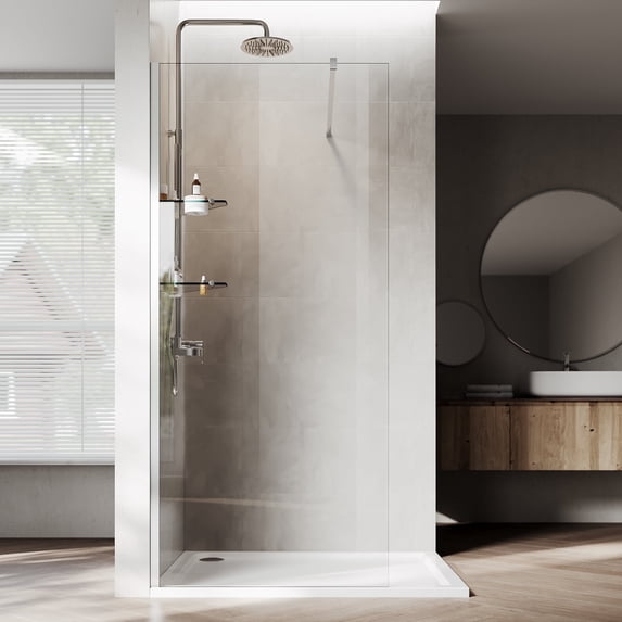 Sunny Shower Crystal View Silver Shower Door Non-Frosted 5/16" Glass & Industrial-Grade Aluminum Includes Storage Rack