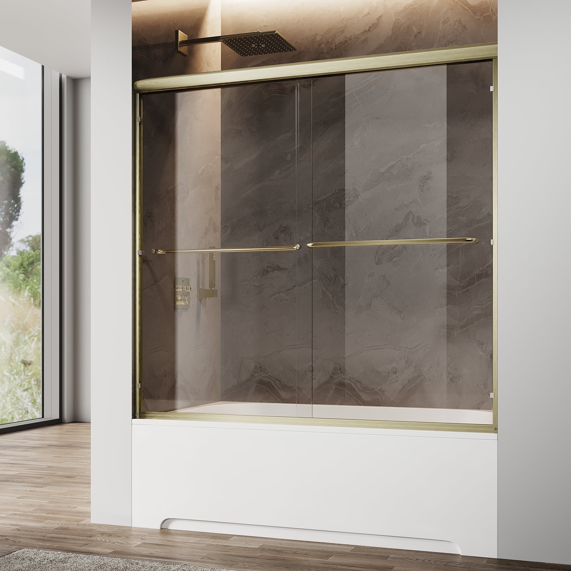 Sunny Shower Double Sliding Bathtub Door 60 in.W x 62 in.H Brushed Gold Finish Framed with 1/4 in. Clear Tempered Glass
