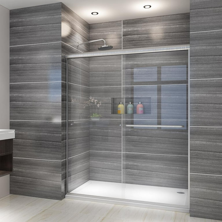 Sunny Shower Fully Frameless Sliding Shower Doors, 3/8 Clear Glass, 60 W  x 72 H Shower Enclosure, Brushed Stainless Steel 