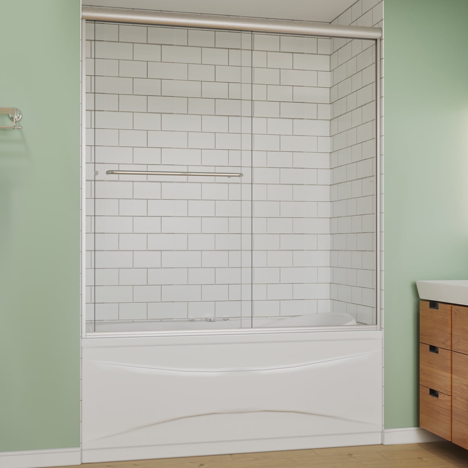 Sunny Shower Double Sliding Shower Bath-Tub Door 60 W x 57.4 H inches with Brushed Nickel Finish