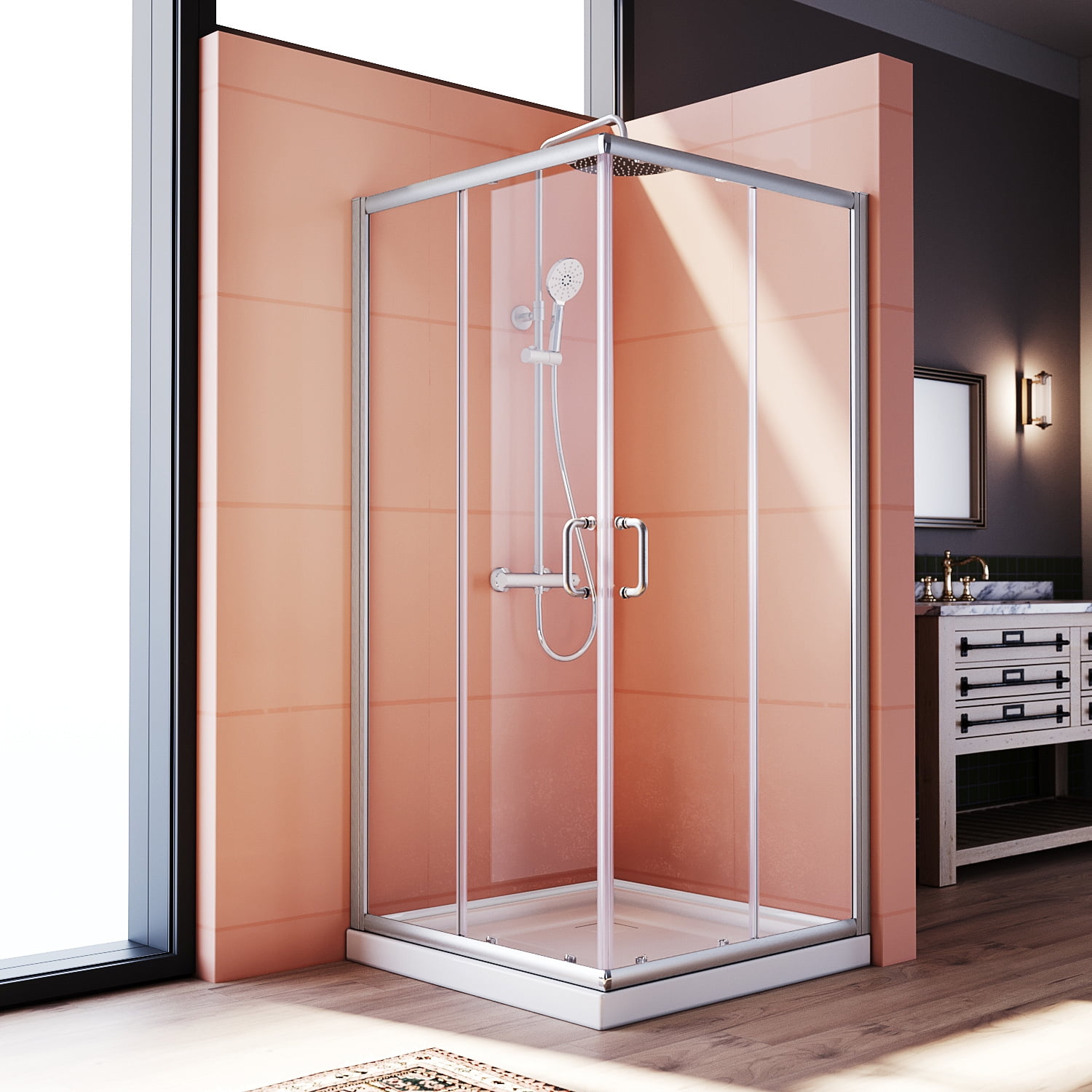 SUNNY SHOWER 34 in. X 34 in. X 72 in. Corner Shower Enclosure 1/4 in. Clear  Glass Semi-Frameless Sliding Shower Doors Brushed Nickel Finish Corner