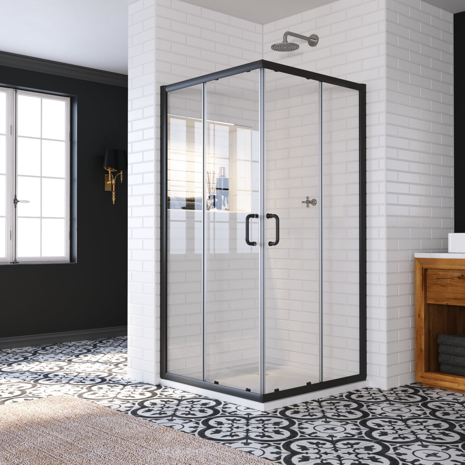 Sunny Shower Corner Entry Sliding Shower Door 36 in.D x 36 in. W x 72 in. H in Black Shower Enclosure