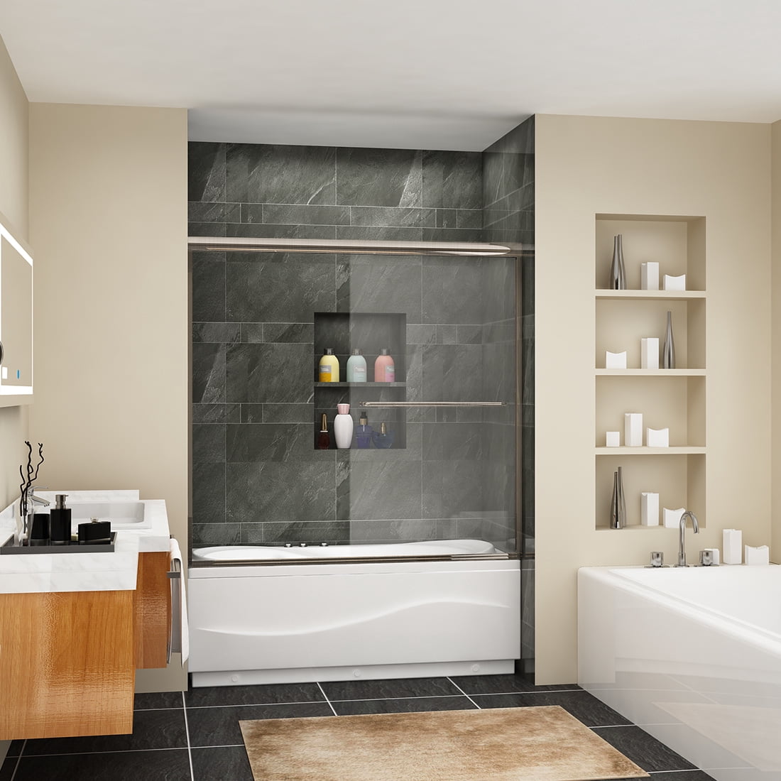 Sunny Shower Frameless Shower Bathtub Door Double Sliding Shower Enclosure with 1/4 in Clear Glass