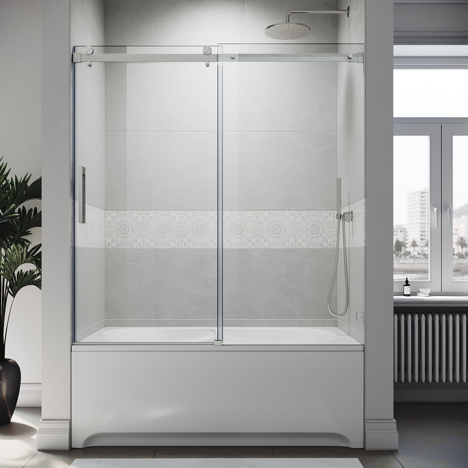 60" x 62" Frameless Brushed Nickel Sliding Tub Door