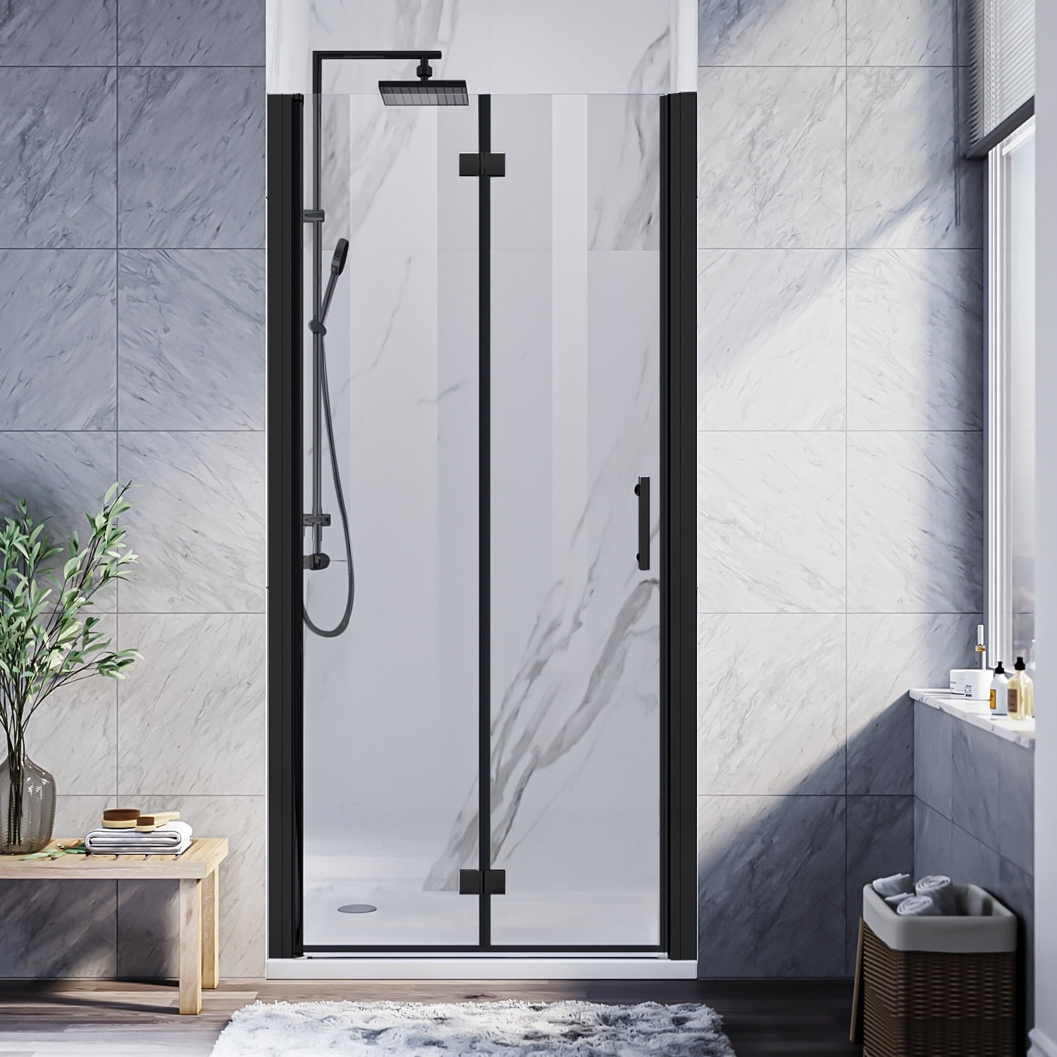 Sunny Shower Matte Black Bifold Pivot Swing Frameless 3/16 inch Glass Shower Door 32 in.W x 72 in.H