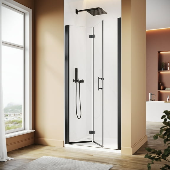 Sunny Shower Matte Black Bifold Pivot Swing Frameless 3/16 inch Glass Shower Door 32 in.W x 72 in.H