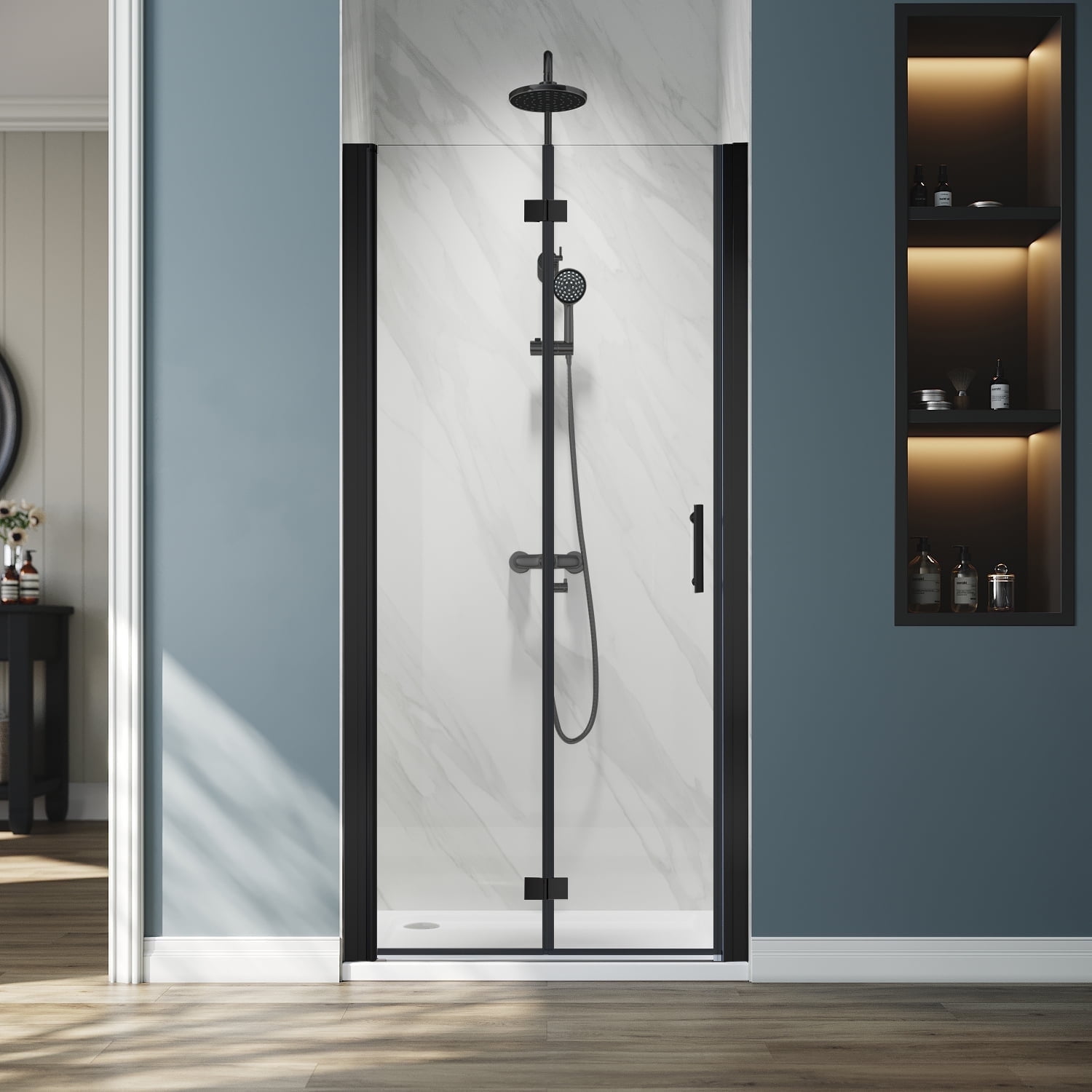 Sunny Shower Matte Black Frameless Bifold 36" x 72" Shower Door 1/4 in. Clear Tempered Glass Panel