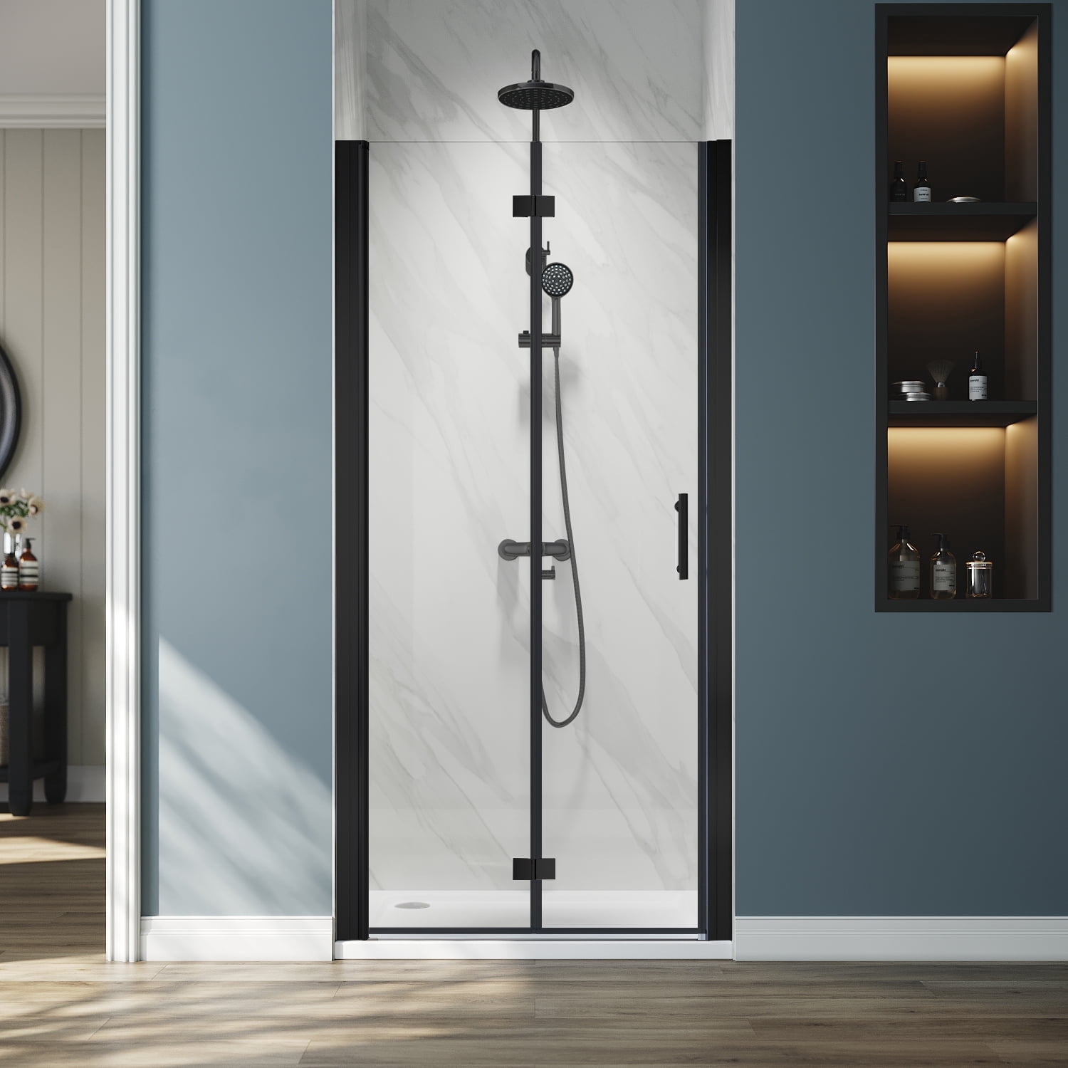 Sunny Shower Matte Black Frameless Bifold 36" x 72" Shower Door 1/4 in. Clear Tempered Glass Panel