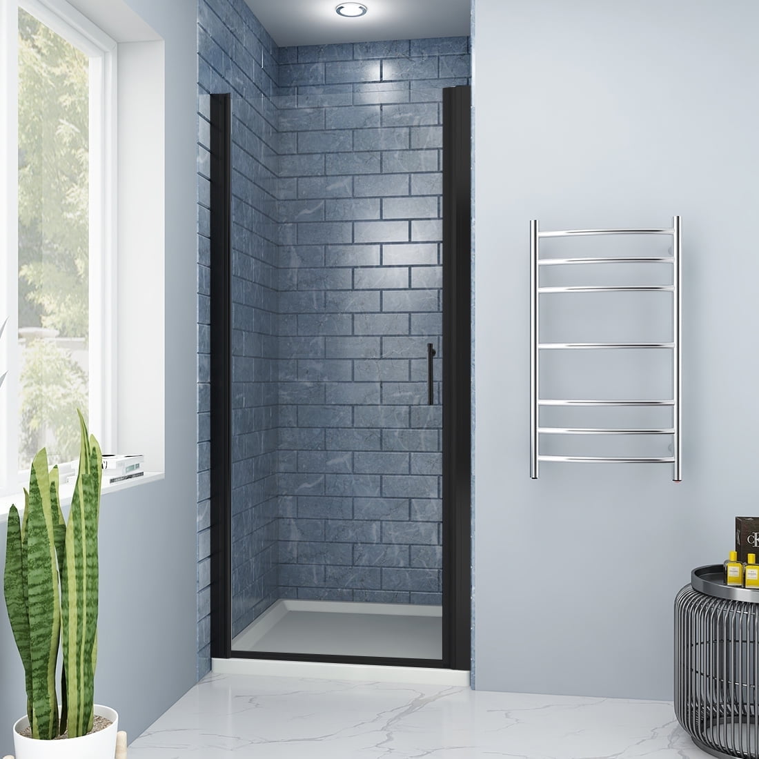 Sunny Shower Semi-Frameless Hinged Pivot Swing Shower Door 36 in. W x 72 in. H in Matte Black