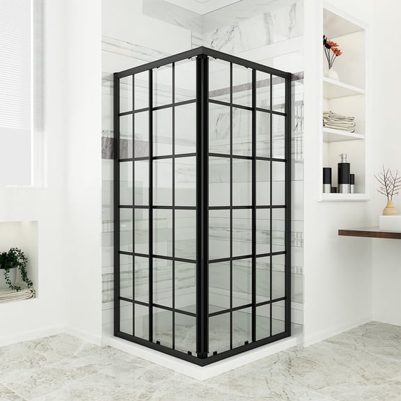 Sunny Shower Sliding Shower Door 36 in.D x 36 in. W x 72 in. H in Black Check with Shower Base