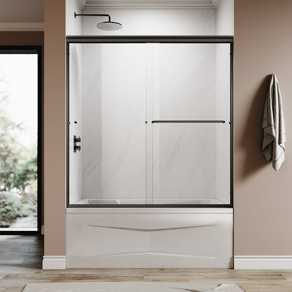 Sunny Shower Tub Sliding Shower Door 60" W x 62" H Double Glass 1/4 in. Clear Glass Black Hardware