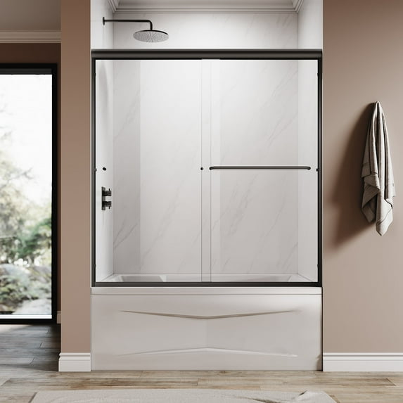 Sunny Shower Tub Sliding Shower Door 60" W x 62" H Double Glass 1/4 in. Clear Glass Black Hardware