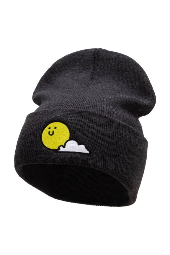 Sunny Smile Embroidered 12 Inch Long Knitted Beanie - Heather Charcoal OSFM