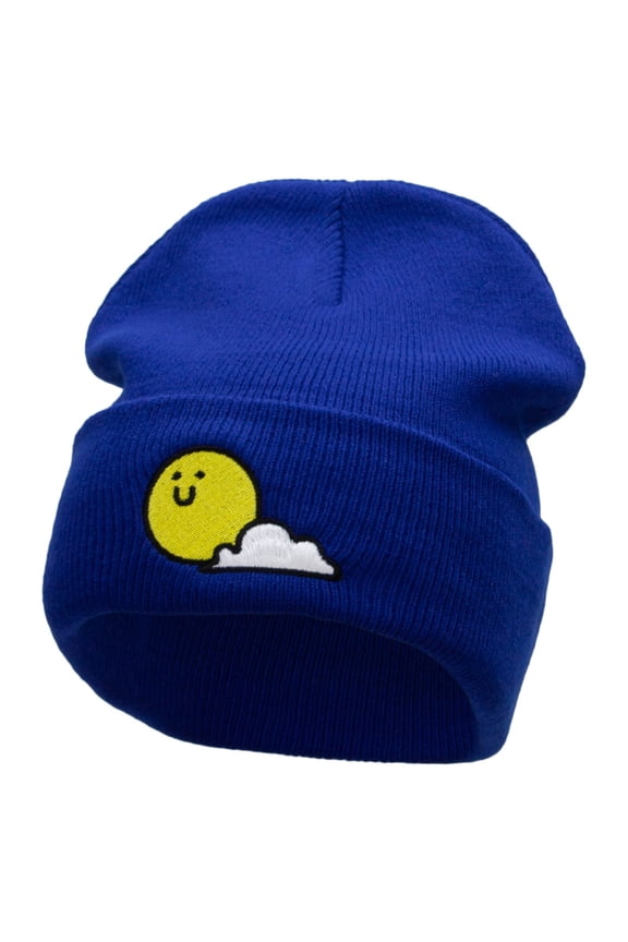 Sunny Smile Embroidered 12 Inch Long Knitted Beanie - Royal OSFM