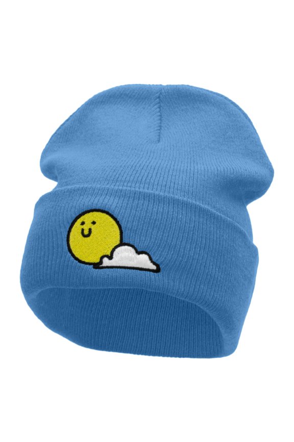 Sunny Smile Embroidered 12 Inch Long Knitted Beanie - Sky Blue OSFM