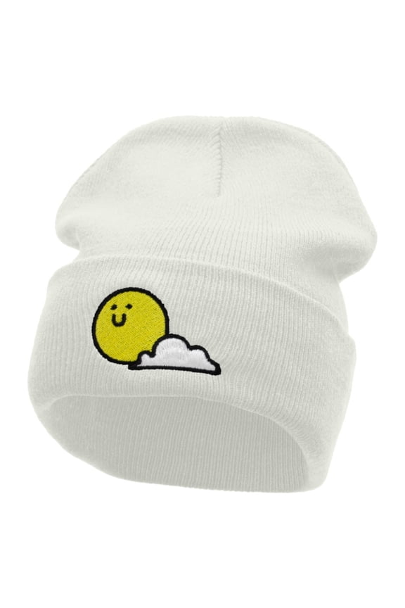 Sunny Smile Embroidered 12 Inch Long Knitted Beanie - White OSFM