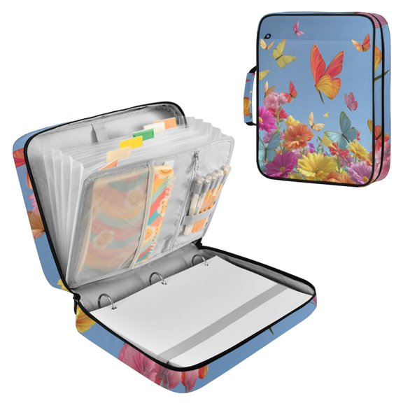 Sunny Spring Colorful Butterflies Flying Flowers Accordion File Organizer Expanding File Folder 3-Ring Binder Bag 500 Sheets A4 Size
