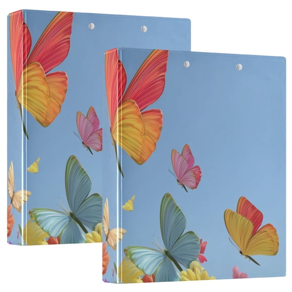 Sunny Spring Colorful Butterflies Flying Flowers Round Ring Binder 3 Rings 1.5" Capacity File Storage for A4 Size 2 Pack