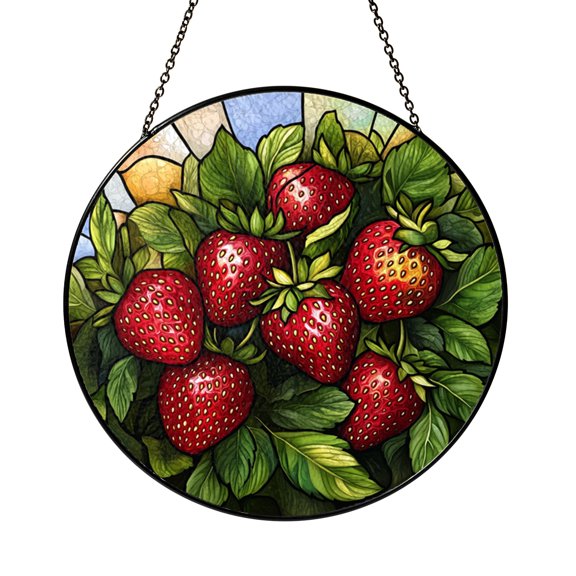 Sunny Strawberries Glass Suncatcher Window Hanging Decor, Bright Berry Botanical Artwork, Cheerful Kitchen Home Style
