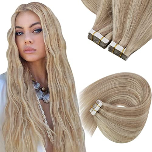 Sunny Tape in Remy Human Hair Extensions Blonde Highlight Bleach Blonde #18/613 Ash 16 inch 50G for Women Adult