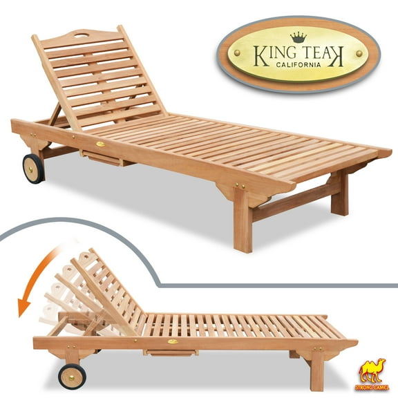 Sunny Teak Wood 4-Position Outdoor Sun Bed Lounger Garden Patio Chair w Tray 2 Wheels