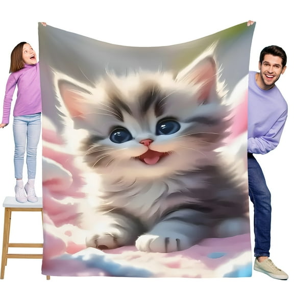 Sunny Warm Fluffy Kitten Cute Fun Print Flannel Blanket Soft Warm Cozy Skin-friendly Blanket For Sofa Bed Car Camping Office Home Decor Gift Blanket For All Seasons-Knit Fabric