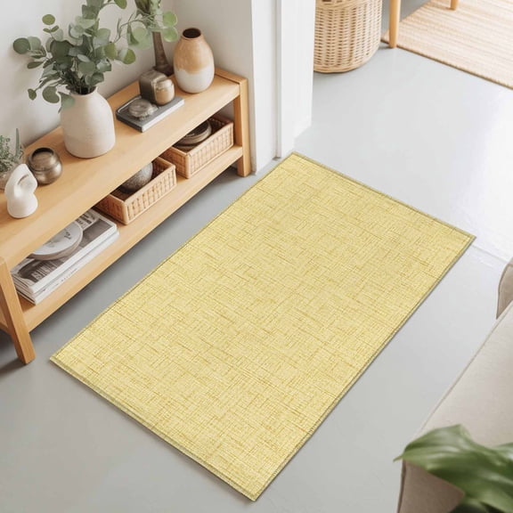 Sunny Yellow Solid 2'x3' Rug for Entryway Front Door Kitchen Sink Area, Minimalist Cloth Soft Yellow Linen Texture Low Pile Washable Non Slip Rectangle Area Rug for Living Room