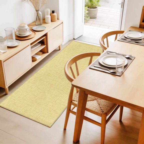 Sunny Yellow Solid 2'x6' Runner Rug for Hallway Walkway Kitchen Galley, Minimalist Cloth Soft Yellow Linen Texture Low Pile Washable Non Slip Long Area Rug for Living Room