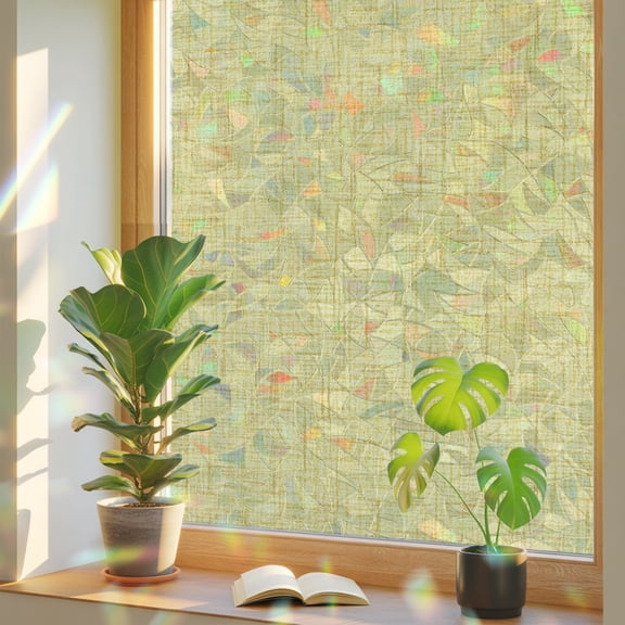 Sunny Yellow Solid Window Privacy Film, Minimalist Cloth Soft Yellow Linen Texture Stained Glass Rainbow Film Decorative Window Clings, Static Cling Sun Blocking Stickers 17.7" x 39.3"