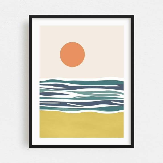 Sunny day by the sea - Illustration Minimalist Abstract Ocean Coastal Sunset Beach Waves Black Framed Wall Art Print 5 x 7 inches