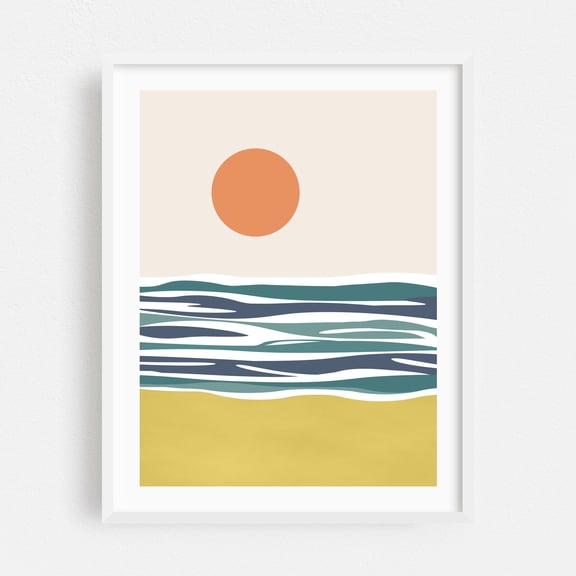 Sunny day by the sea - Illustration Minimalist Abstract Ocean Coastal Sunset Beach Waves White Framed Wall Art Print 5 x 7 inches