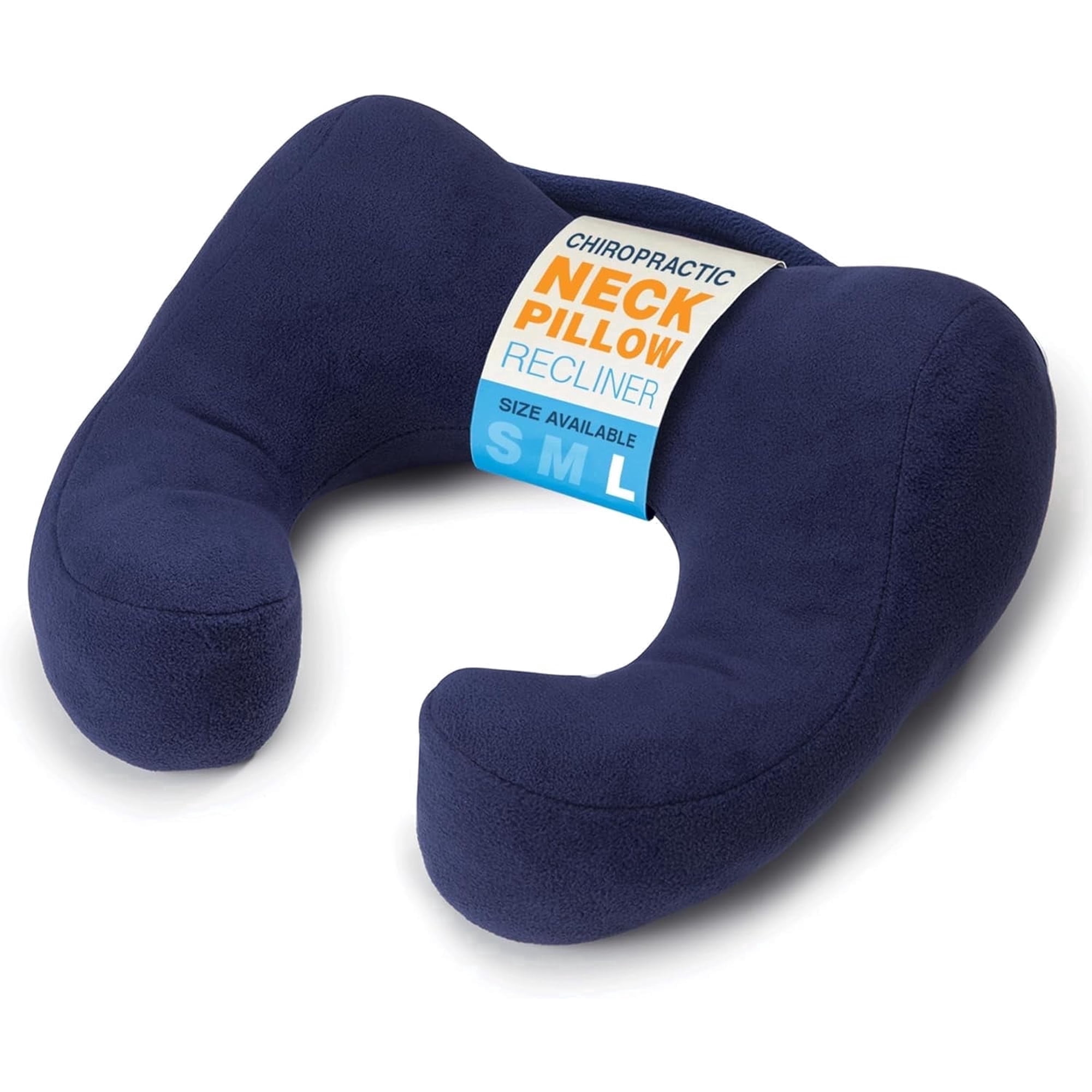 Sunshine Pillows Ergonomic Travel Neck Pillow, Cervical Neck Support, Airplan Bus Train Recliner Sofa Chair Cushion, Navy Blue, Large