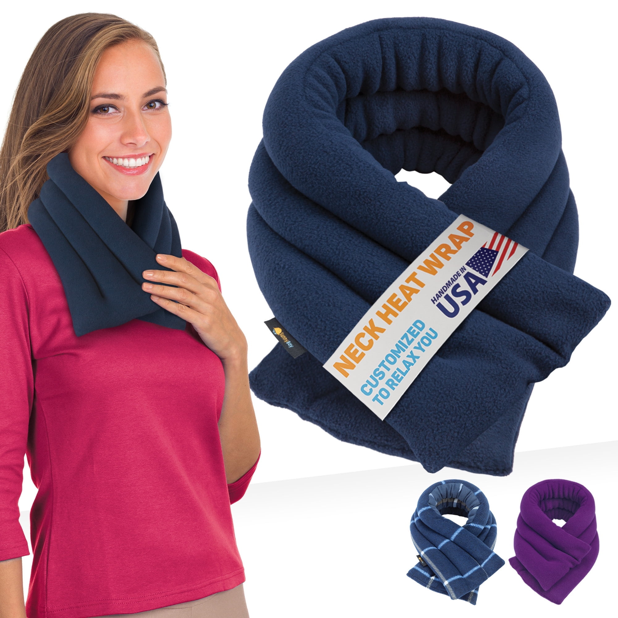 SunnyBay Microwave Heating Pad, Microwavable Heated Neck and Shoulder Wrap, Moist Hot or Cold Pack for Pain Relief with Flaxseeds and Fleece Cover, 26x6 Inches, Navy Blue