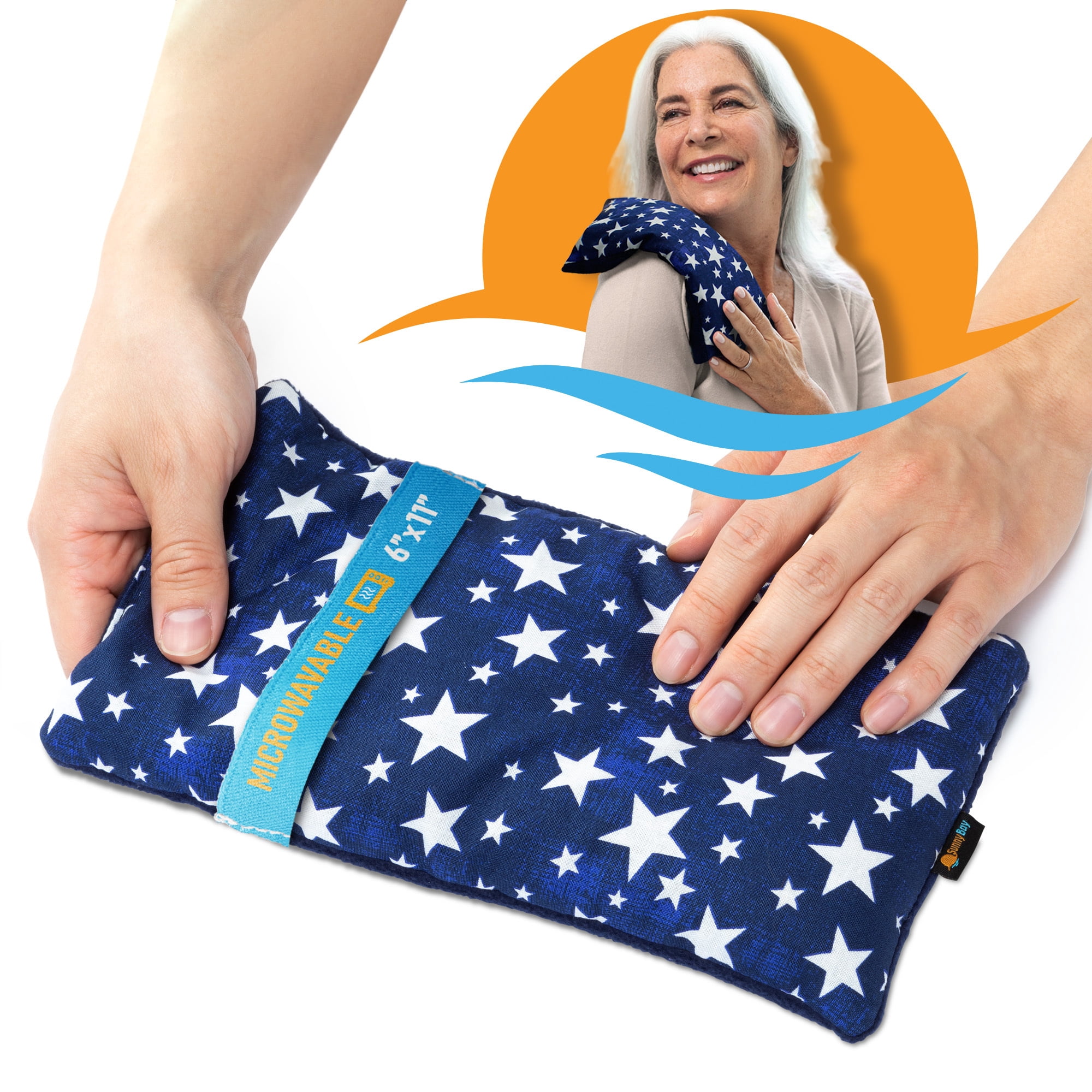 SunnyBay Small Microwave Heating Pad, Microwavable Versatile Cold/Heated Neck and Shoulder Wrap for Back Pain and More, Odorless Heat Organic Cotton-Plush Pad, 6x11 Inches, Blue-Stars