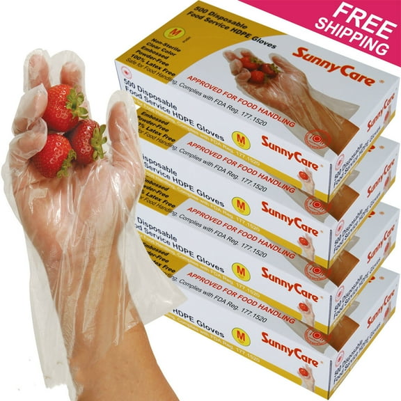SunnyCare 2000pcs Poly HDPE Food Handling Service Gloves (Latex Vinyl Free) - Medium