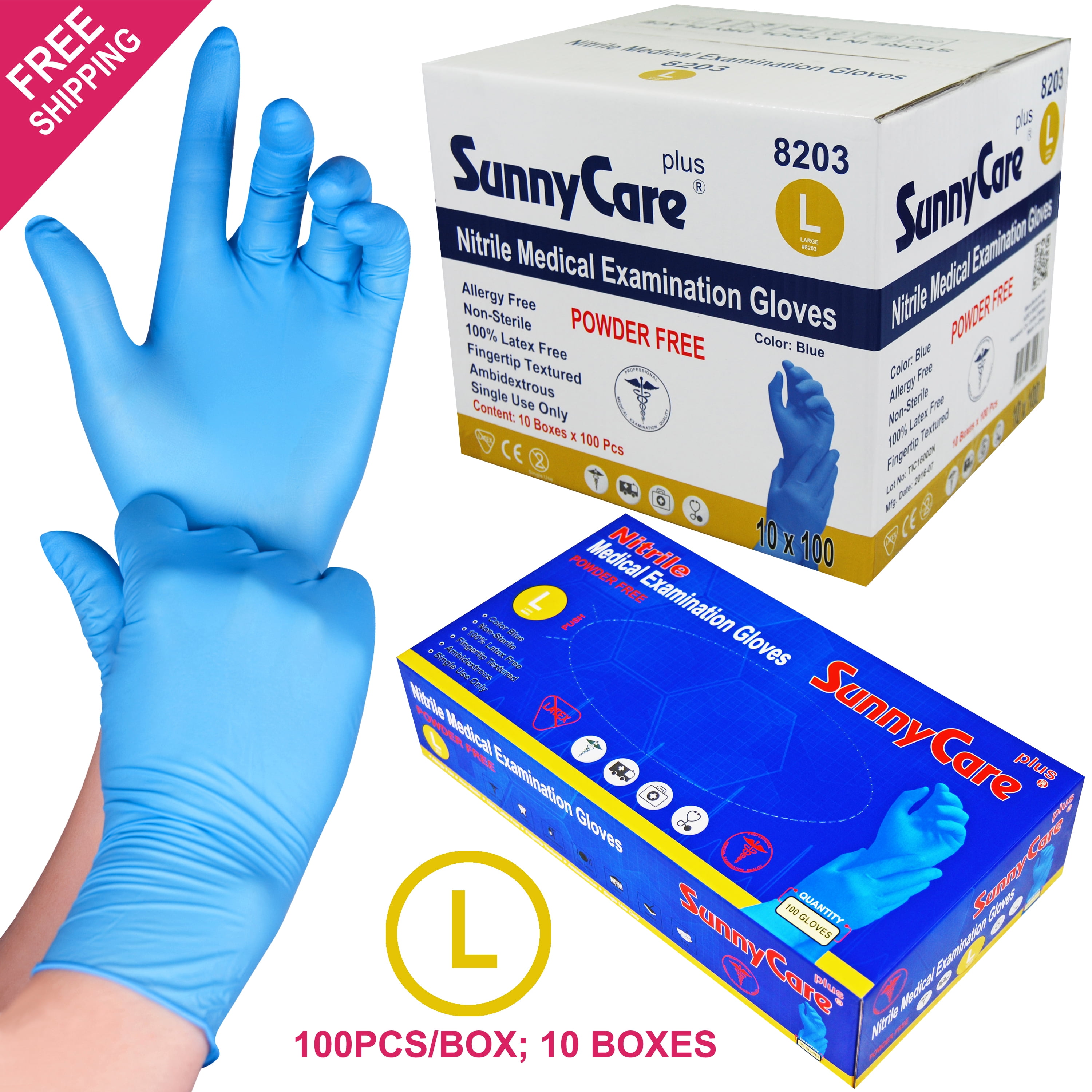 SunnyCare Powder Free Nitrile Disposable Gloves Box, Blue, L, 100 Count, 10 Pack