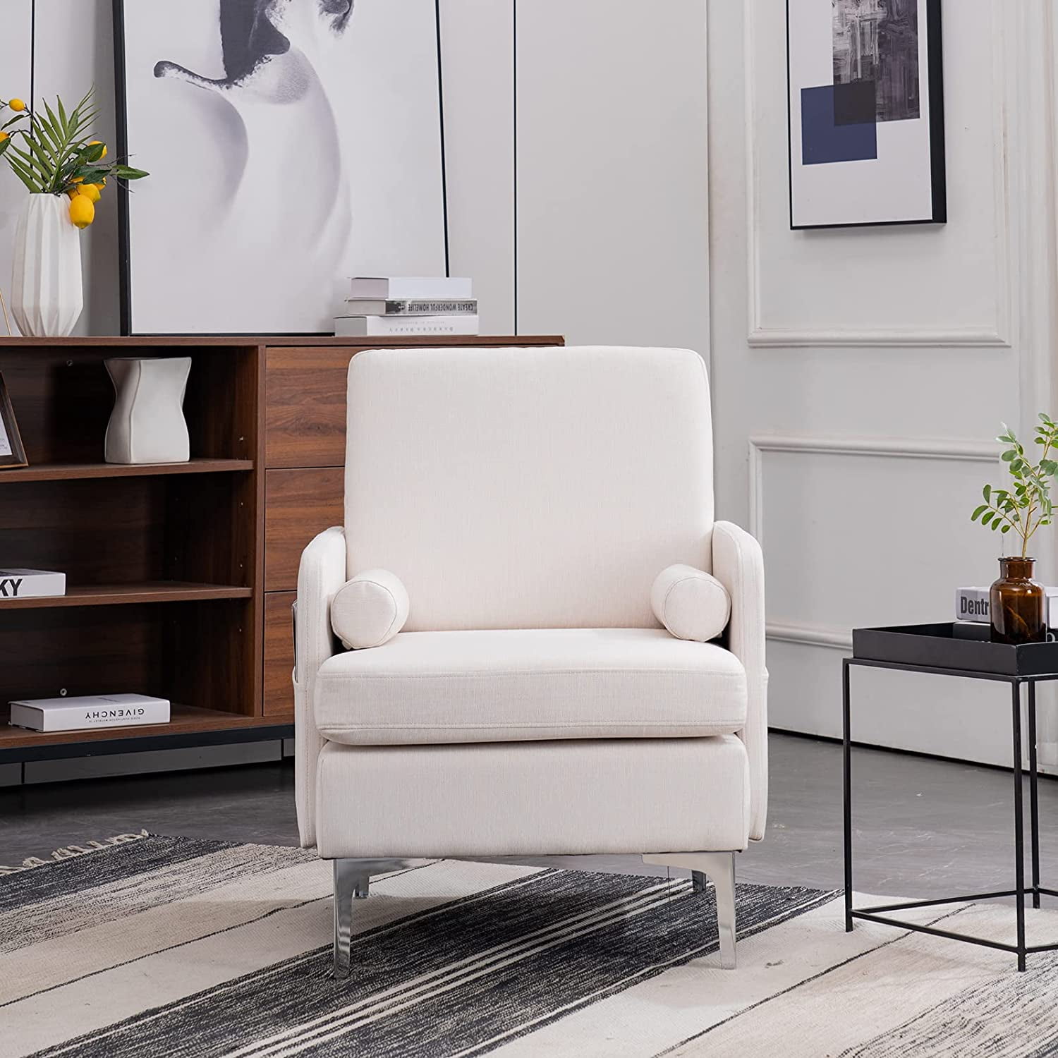 SunnyEQ Modern 25" W Linen Cozy White Accent Chair, Upholstered Reading