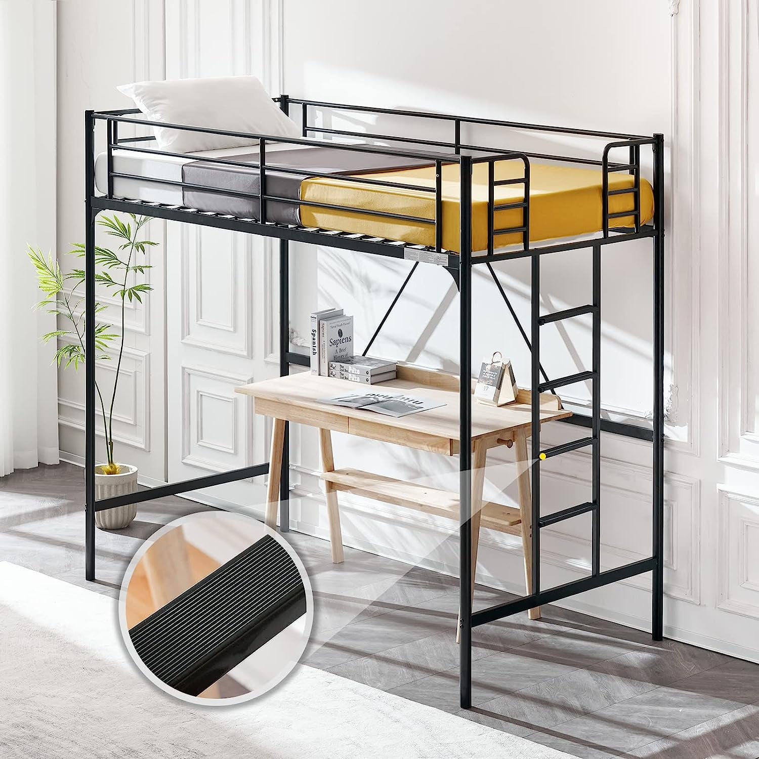 SunnyEQ Twin Loft Bed with Stairs, Metal Loft Bunk Bed with Safety