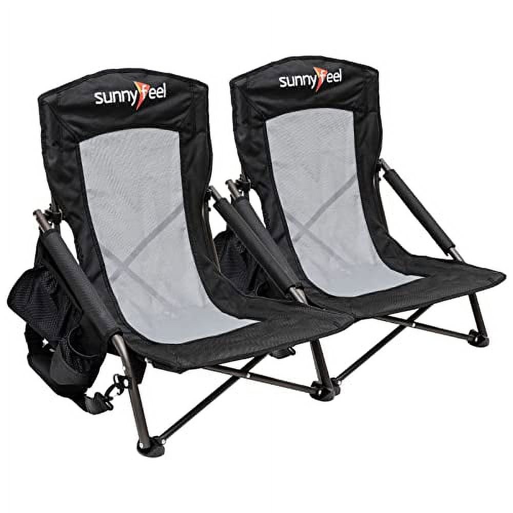 SunnyFeel Black Mesh Low Folding Camping Beach Chairs with Armrests, Set of 2