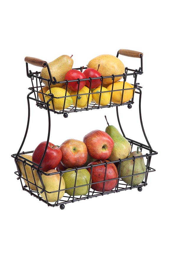 2-Tier Rectangle Countertop Fruit, Bread Wire Basket (Black, Metal)