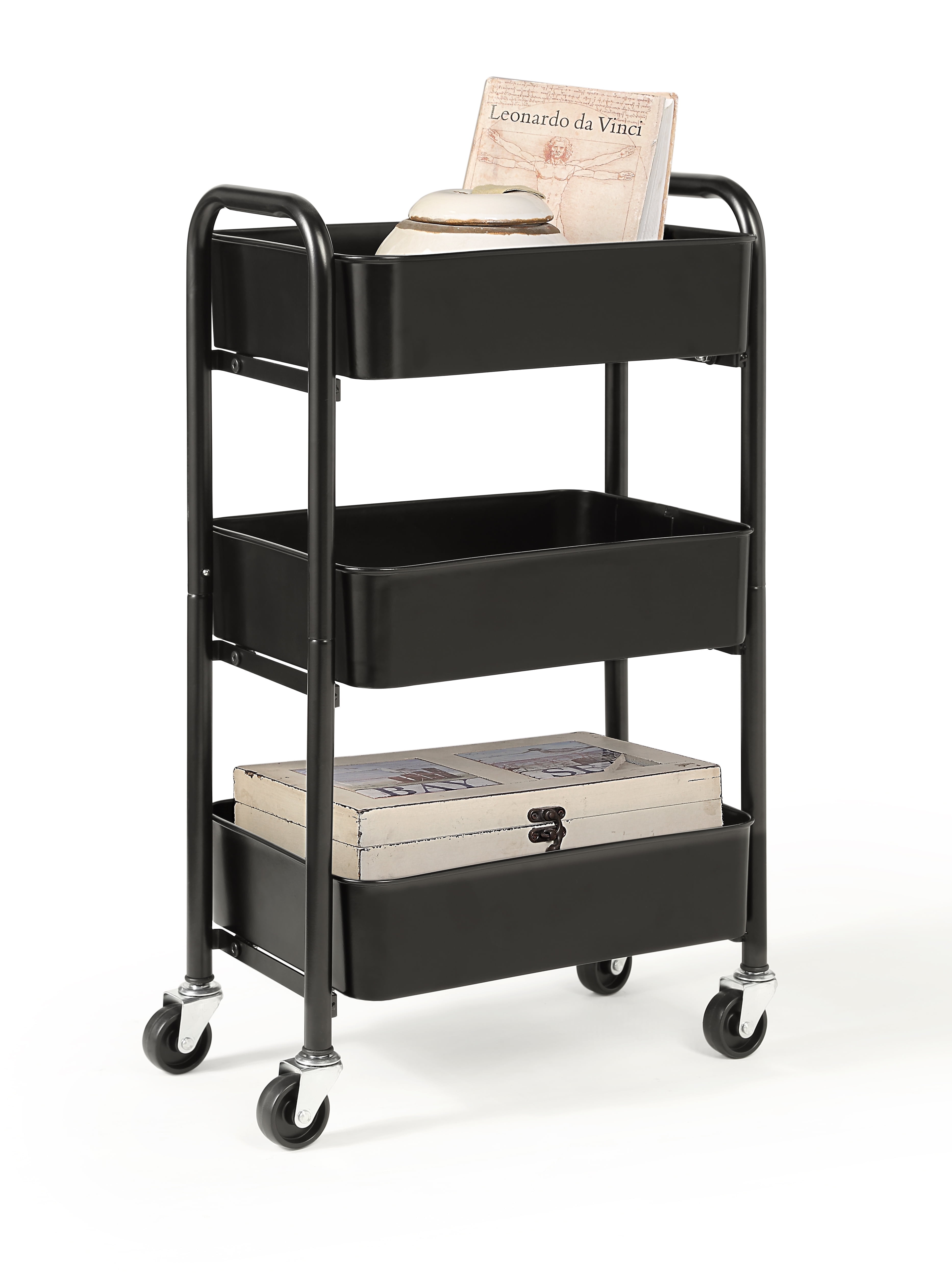 Black Metal 3-Tier Rolling Storage Cart with Caster Wheels