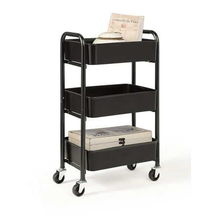 SunnyPoint 3-Tier Compact Rolling Metal Utility Cart with Caster Wheels, Black