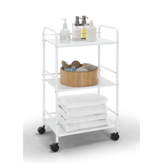 SunnyPoint 3-Tier Rolling Utility Storage Cart – Metal, Minimalist Design, Mobile Organizer for Kitchen, Office & Home – White