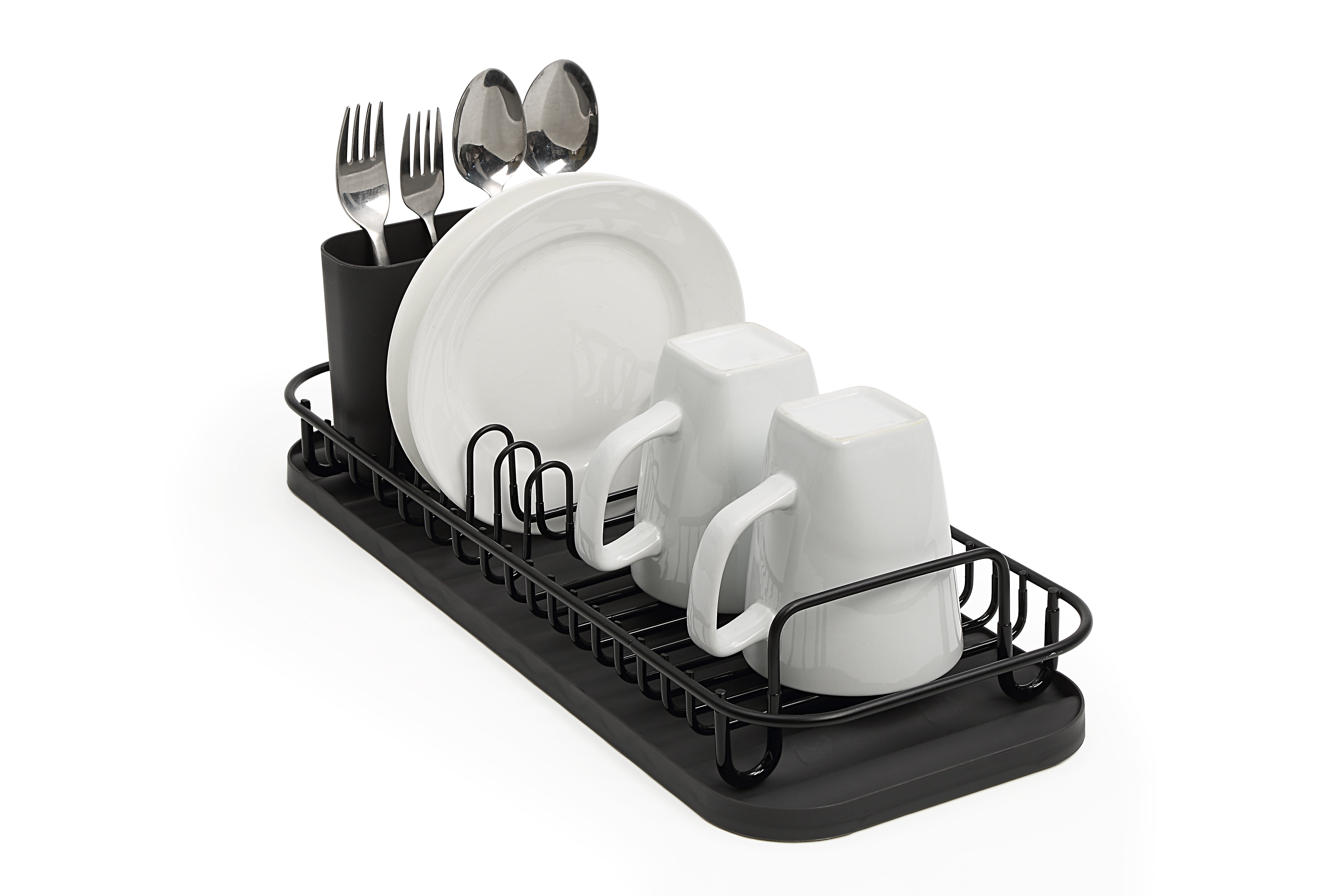 SunnyPoint 304 Stainless Steel Dish Drying Rack with Utensil Holder, Compact Countertop Dish Rack with Removable Drain Tray – Black