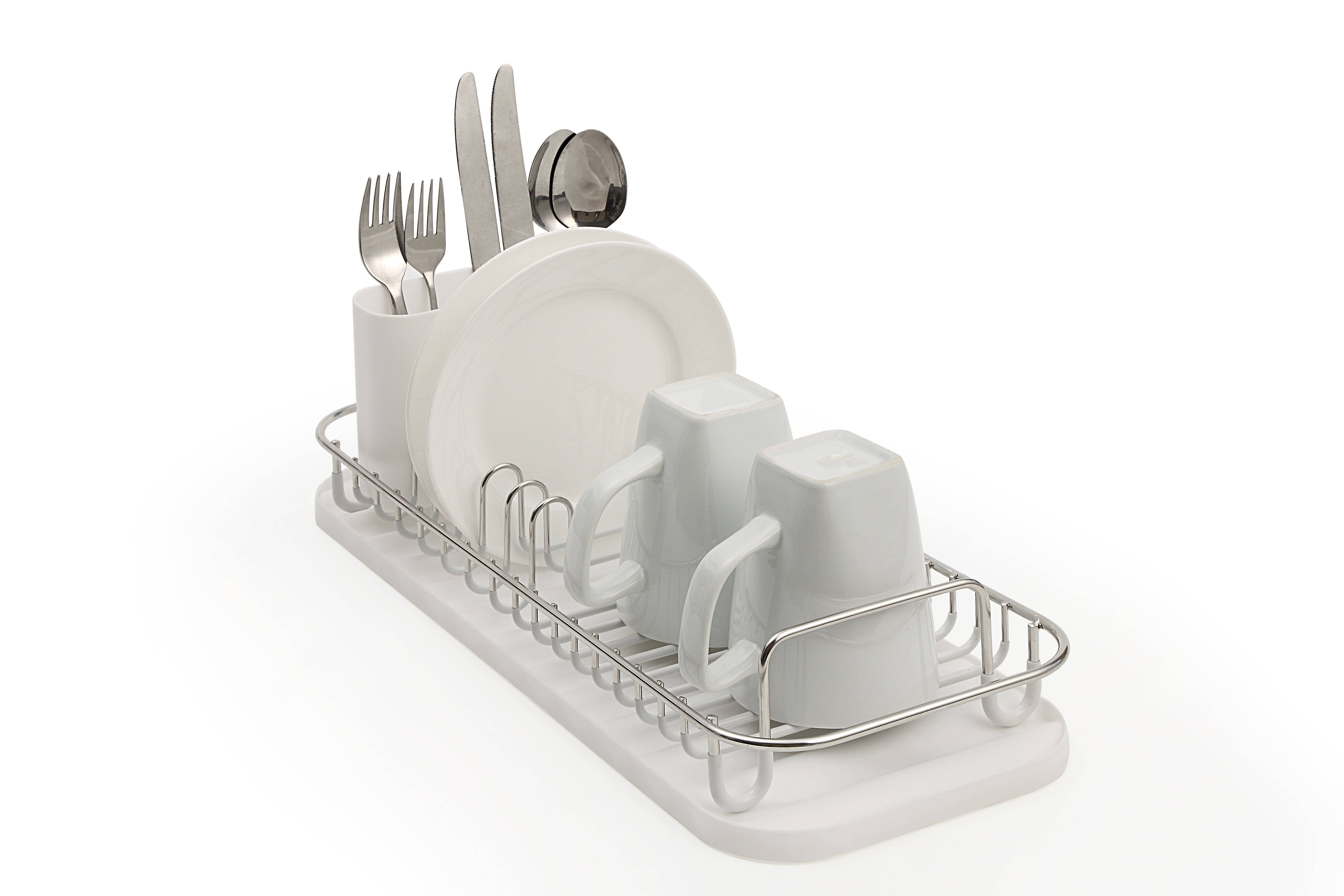 SunnyPoint 304 Stainless Steel Dish Drying Rack with Utensil Holder, Compact Countertop Dish Rack with Removable Drain Tray – White/Silver