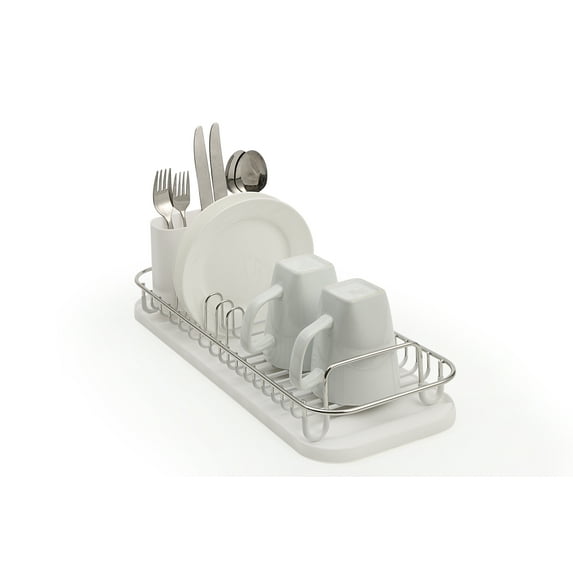 SunnyPoint 304 Stainless Steel Dish Drying Rack with Utensil Holder, Compact Countertop Dish Rack with Removable Drain Tray – White/Silver